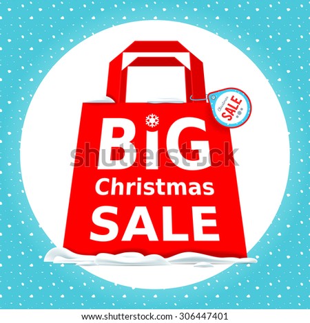 Vector illustration. Great Christmas sale. Holiday Sale with big red shopping bag on a white background.