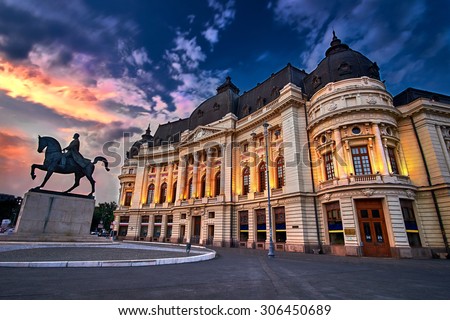 Bucharest at Sunset. Calea Victoriei, National Library Royalty-Free Stock Photo #306450689