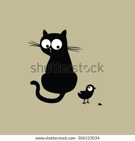 Black Cat and Bird. Vector Illustration