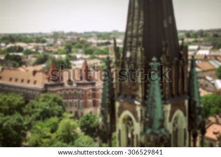 Panorama of Lviv from the Cathedral of St. Olga and Elizabeth. Blurring background