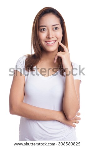 Young happy asian woman thinking, isolated on white background
