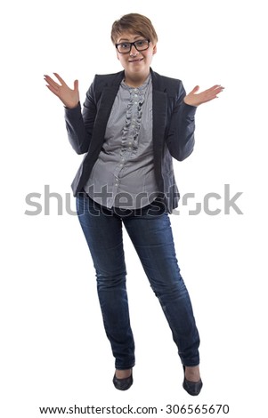 Photo of puzzled pudgy woman with open hands on white background