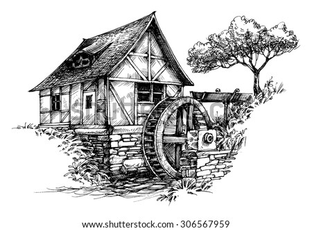 Old water mill sketch Royalty-Free Stock Photo #306567959