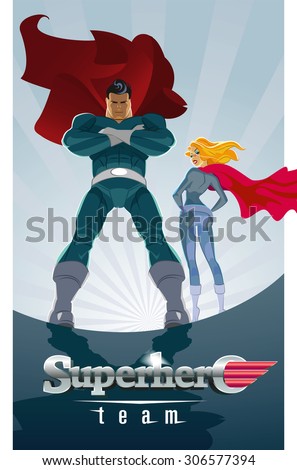 Superhero Couple: Male and female superheroes on a skyscraper roof with sunlight city background