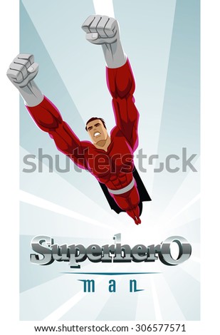 Poster. Superhero flying up. Vector illustration