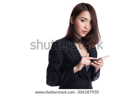 Asian business woman using smart phone mobile on white background