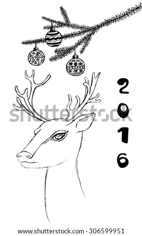 Hand drawn Vintage set with a Reindeer and Christmas tree branch with Christmas toys. Happy New Year and Merry Christmas element design. Vector illustration.