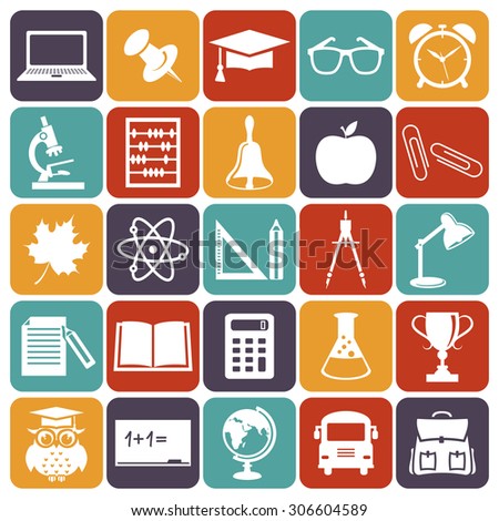 Back to school. Collection of education and science icons. White symbols on colorful plates. Vector illustration.
