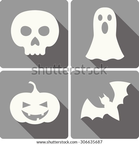 set of four Halloween icons with images of a bat, scull, jack-o-lantern and a ghost