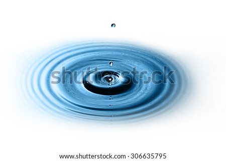 close up blue water drop falling down on white background