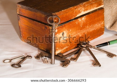 antique keys next to an old wooden box