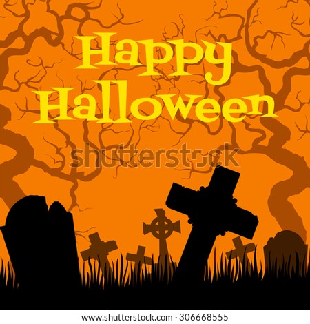 Happy Halloween card with creepy cemetery on orange background