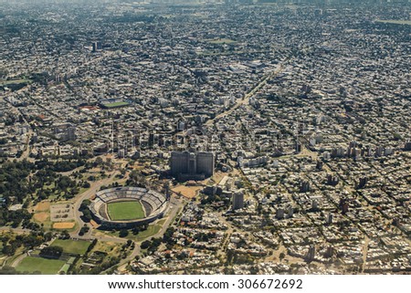 Aerial view from window plane of Montevideo, the capital city of Uruguay in South America Royalty-Free Stock Photo #306672692