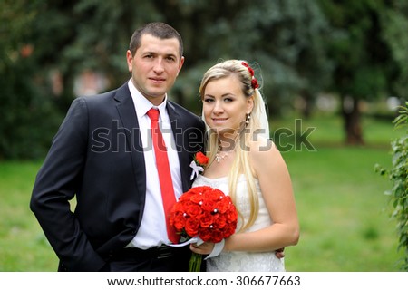 Happy bride and groom on their wedding day