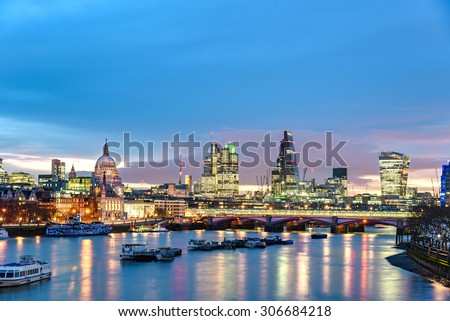 Panoramic view of London Skyline over river Thames, England.