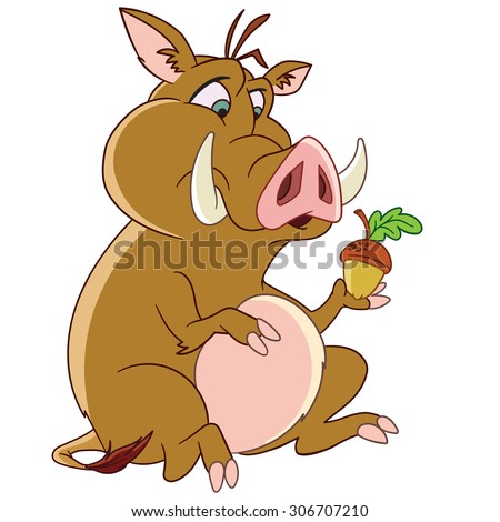 Wild boar with acorn. 2019 Chinese New Year symbol. Cartoon character isolated on white background. Colorful design for kids activity book, coloring page, colouring picture.