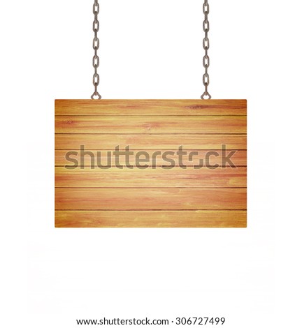 Wood sign, hanging from a chain