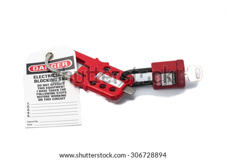 Tag Out Danger Label with Red padlock and Hasp Royalty-Free Stock Photo #306728894