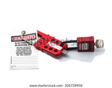 Tag Out Danger Label with Red padlock and Hasp Royalty-Free Stock Photo #306728906