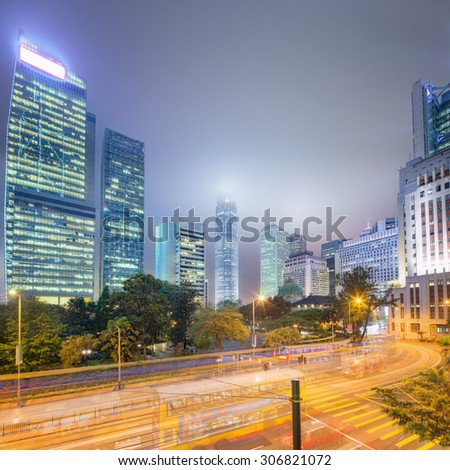 Modern city streets and office buildings in Central Hong Kong, China.