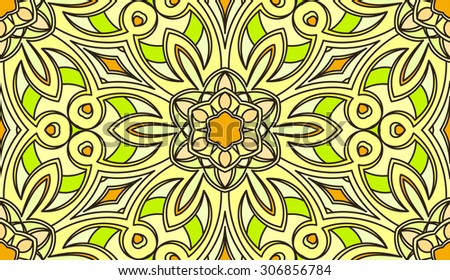 Seamless abstract tribal pattern. Hand drawn ethnic texture, vector illustration in bright, green, yellow tones.