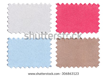 Set of sample pieces color fabric isolated on white background  
