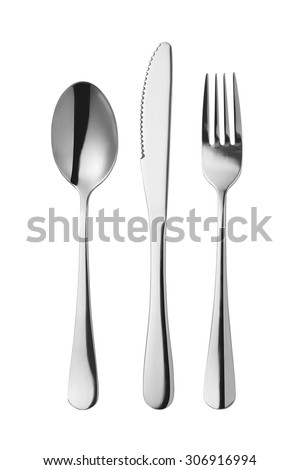 Cutlery set with Fork, Knife and Spoon isolated on white background Royalty-Free Stock Photo #306916994