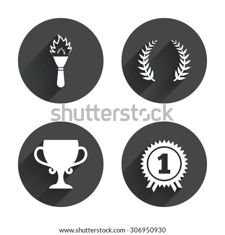 First place award cup icons. Laurel wreath sign. Torch fire flame symbol. Prize for winner. Circles buttons with long flat shadow. Vector