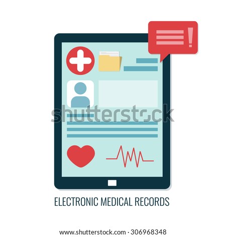 Electronic medical records on tablet computer. Online medical card. Vector icon in flat design. 