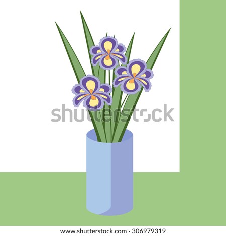 Vector illustration of bouquet of iris flowers. Card of purple abstract flowers with leaves in blue vase. 