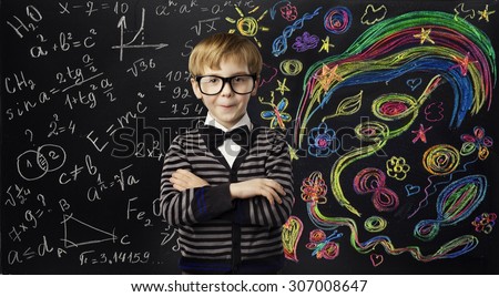 Kid Creativity Education Concept, Child Learning Art Mathematics Formula, School Boy Ideas on Black Chalk Board Royalty-Free Stock Photo #307008647