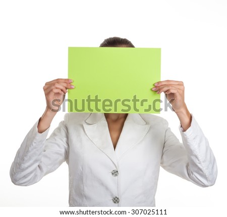 Woman businessman close sheet of paper face