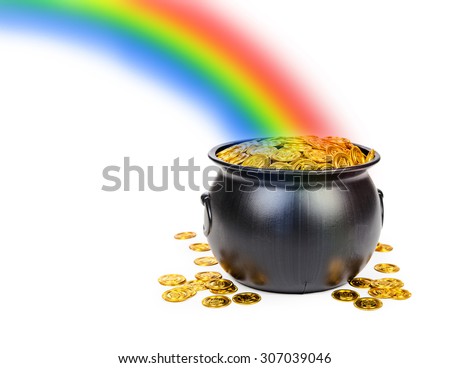Large black pot filled with gold coins at the end of a colorful rainbow with room for text