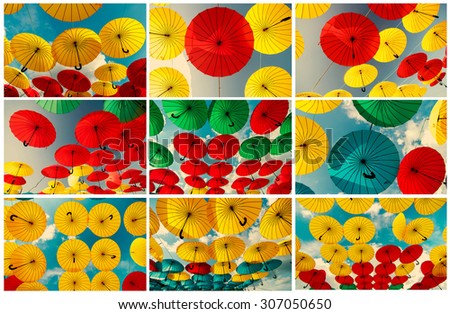 vintage picture set of colorful yellow, red, blue and green  umbrellas under the sky