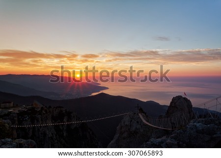 Beautiful sunrise over the Black Sea, a view from mountain top Ai-Petri, the Crimea