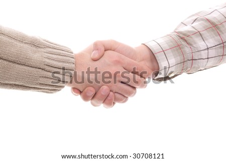 Detail of an handshake, isolated in white background