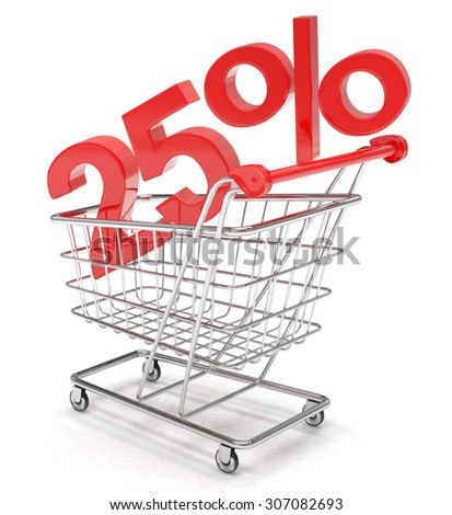 discount 25%, shopping cart on white background. 