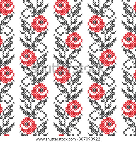 Vector seamless pattern with rose flowers. Traditional elements of Ukrainian embroidery in red and black colors. Stylized embroidery made with cross-stitches.