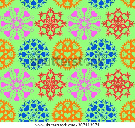 Snowflakes, heart view seamless pattern. Winter, Christmas, Valentine day, birthday texture. Stylized unusual colored ornaments with heart signs on green background. Vector illustration.