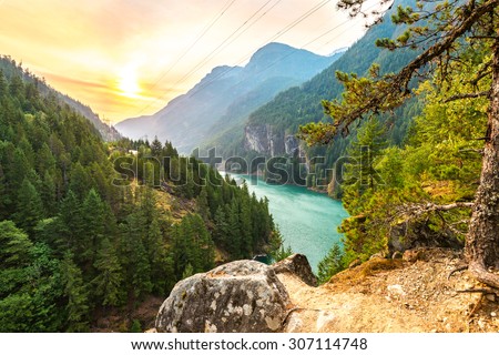 scene over Gorge dam when sunrise in the early morning in North Cascade national park,Wa,Usa Royalty-Free Stock Photo #307114748