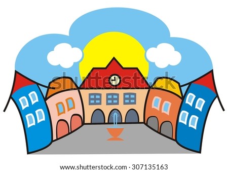 plaza,group of houses with fountain, vector illustration