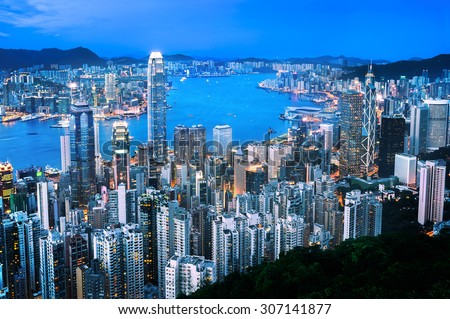Hong Kong cityscape at dusk, seen from Lugard Road on the Peak