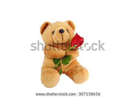 Teddy bear holding a red rose in hand.
