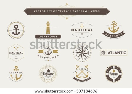 Set of vintage  nautical badges and labels Royalty-Free Stock Photo #307184696