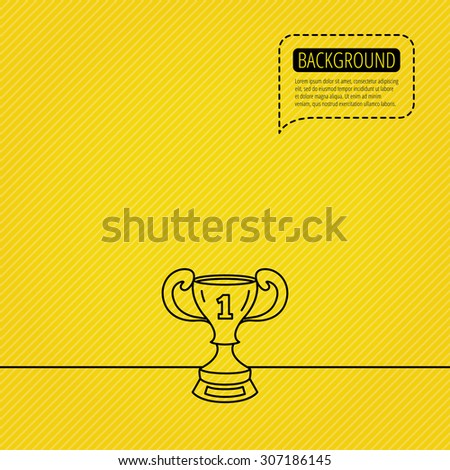 Winner cup icon. First place award sign. Victory achievement symbol. Speech bubble of dotted line. Orange background. Vector