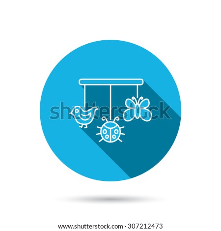 Baby toys icon. Butterfly, ladybug and bird sign. Entertainment for newborn symbol. Blue flat circle button with shadow. Vector