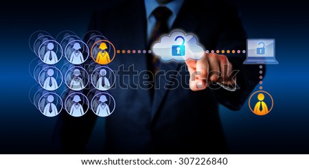Hand of a manager unlocking cloud network access to connect with a male zero-hours contractor. This remote freelance worker is aiding a female permanent employee with a task via a secure connection. Royalty-Free Stock Photo #307226840