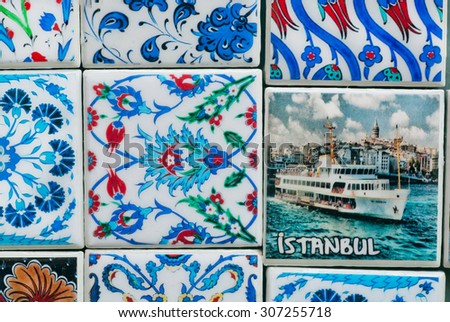 Istanbul souvenir store with colorful patterns on magnets in Ottoman tile style