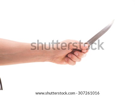 Man holding knife with his left hand isolated on white background. Sharp knife is a nice idea for any picture.