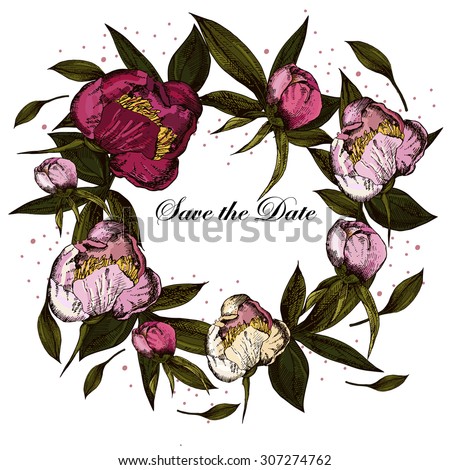 Bridal wreath of peonies and leaves. Save the date. Vector.